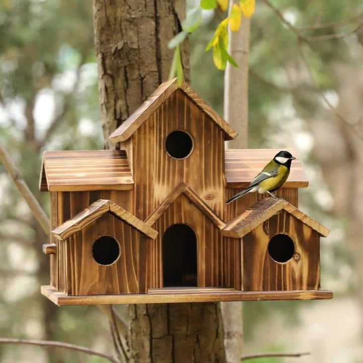 Handcrafted Wooden Birdhouse with 6 Nesting Chambers – Rustic Outdoor Bird Shelter for Small Birds 0
