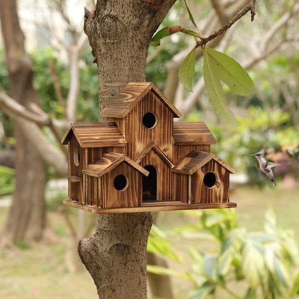 Handcrafted Wooden Birdhouse with 6 Nesting Chambers – Rustic Outdoor Bird Shelter for Small Birds