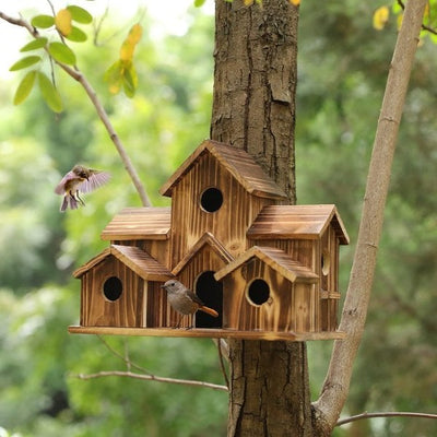 Handcrafted Wooden Birdhouse with 6 Nesting Chambers – Rustic Outdoor Bird Shelter for Small Birds