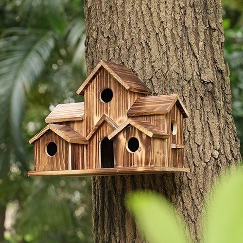 Handcrafted Wooden Birdhouse with 6 Nesting Chambers – Rustic Outdoor Bird Shelter for Small Birds