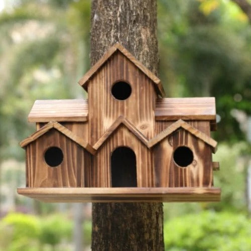 Handcrafted Wooden Birdhouse with 6 Nesting Chambers – Rustic Outdoor Bird Shelter for Small Birds