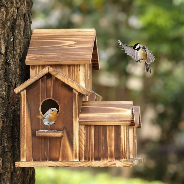 Handcrafted Wooden Birdhouse with 6 Nesting Chambers – Rustic Outdoor Bird Shelter for Small Birds