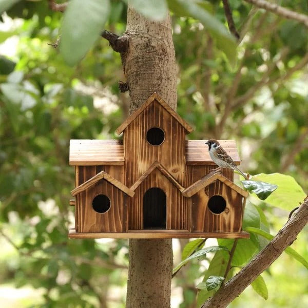 Handcrafted Wooden Birdhouse with 6 Nesting Chambers – Rustic Outdoor Bird Shelter for Small Birds