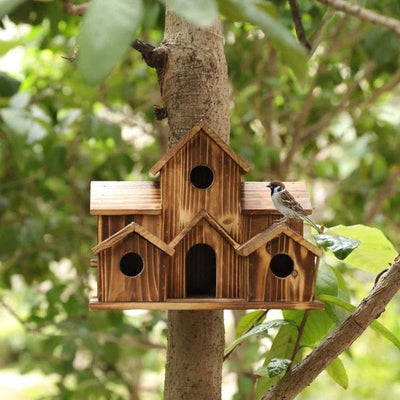 Handcrafted Wooden Birdhouse with 6 Nesting Chambers – Rustic Outdoor Bird Shelter for Small Birds